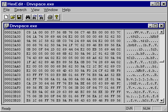 HexEdit mit DrvSpace.exe, mit Text-Darstellung